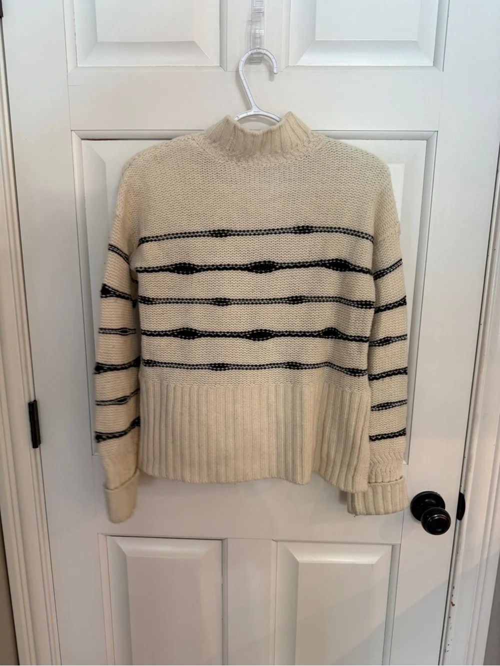 Veronica Beard Viori Cream & Black Striped Wool Mock Neck Sweater 25596